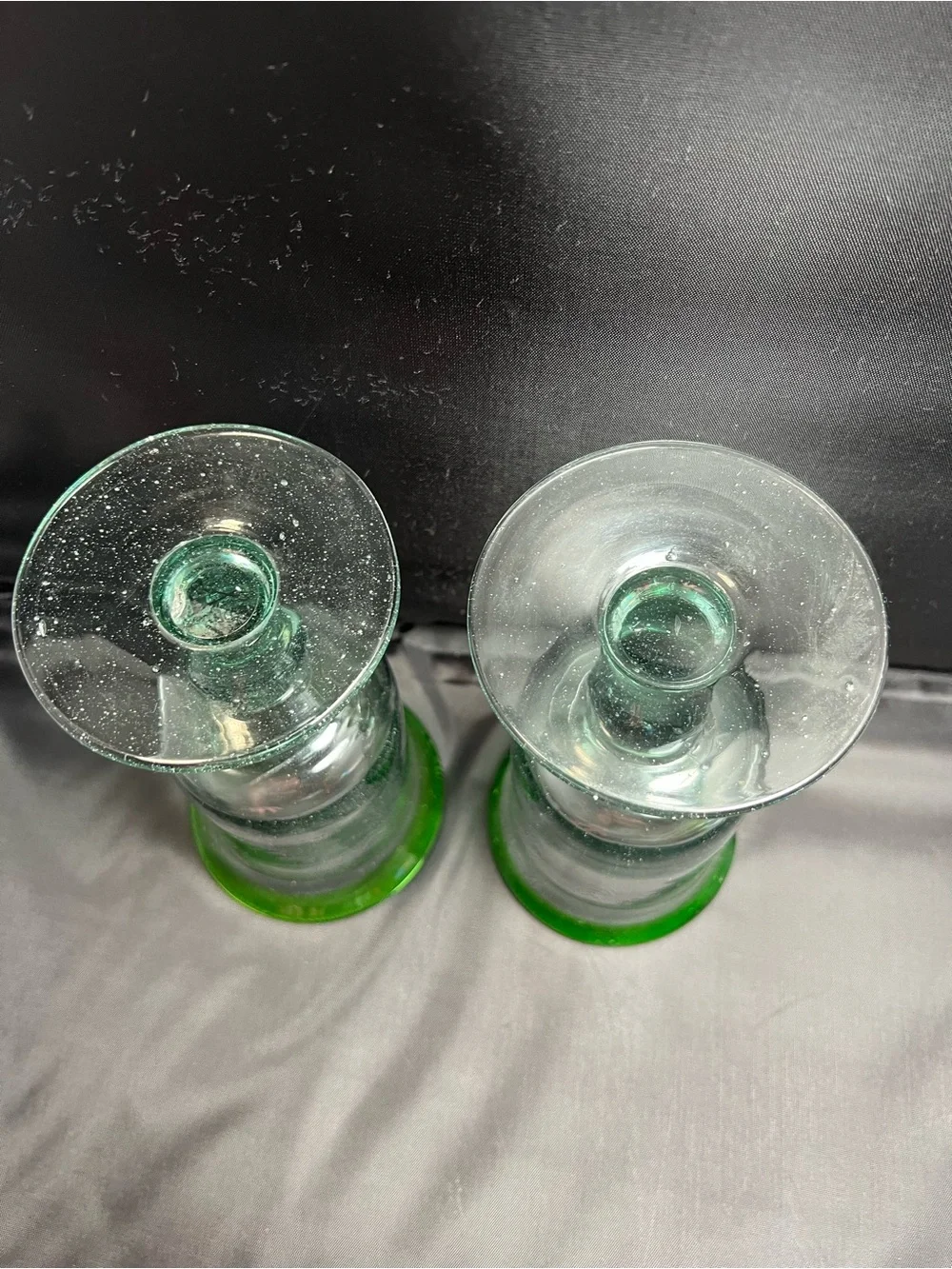 Pair of Hand-Blown Recycled Glass Goblets with Green Rim & Seed Bubbles